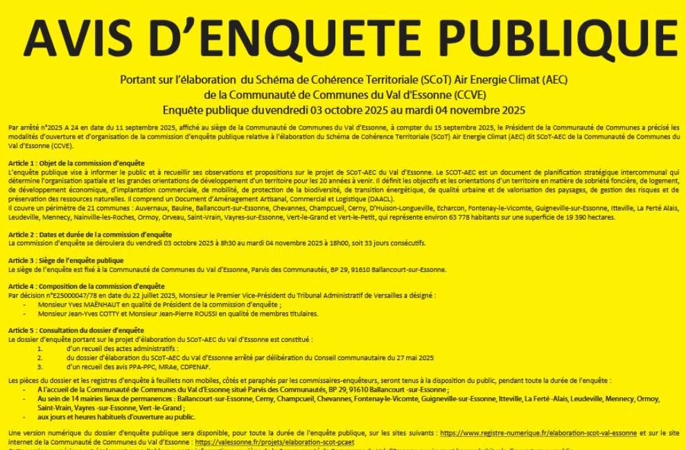 Avis d'enquête publique portant sur l’élaboration du Schéma de Cohérence Territoriale